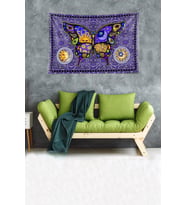 Kelebek Ay Güneş Astroloj Leke Tutmaz Kadife Dokulu Kumaş Duvar Örtüsü Duvar Halısı Tapestry (Lacivert-Turuncu)