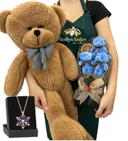 3'lü Peluş Ayıcık Buketi, Gerçek Ametist Taşlı Lotus Kolye ve Kahverengi Ayıcık (Model 4)