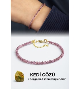 Kedi Gözü Doğal Taş Mor Kristal Küre Kesim 3mm Zincir Kapamalı Bileklik