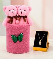 Peluş Saksıda Peluş Ayıcık Buketi ve Altın Kaplama Baget Montür Kolye Kadına Sevgiliye Arkadaşa Hediye
