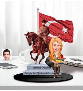 BK Gift Kişiye Özel Atatürk ve Kadın Öğretmen Temalı 2 Katmanlı Karikatürlü Ahşap Biblo- 5, Öğretmene Hediye, Öğretmenler Günü, 100. Yıl Hediyesi