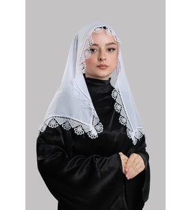 Beyaz Namaz Başörtüsü Eşarp Kesik Elyaf Güpürlü 202211_42