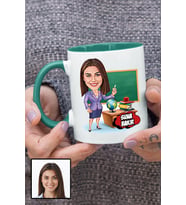 Kadın Öğretmene Hediye Kişiye Özel Karikatürlü Yeşil Kupa Bardak