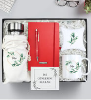 Kişiye Özel Defter & Kalem & Kupa & Kılıflı Matara & Bardak Altlığı Hediye Seti (Kırmızı)