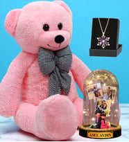Pembe Peluş Ayıcık, Kişiye Özel Led Işıklı Fanus ve Gerçek Ametist Taşlı Lotus Kolye (Model 8)