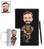 Kişiye Özel Asker Tasarımlı Karikatür Siyah Defter Kalem Kupa Seti 88
