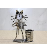 Metal Akordiyon Çalan Müzisyen Kedi Saat Ve Kalemlik