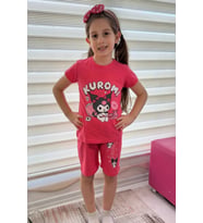 Pembe Kuromi Kısa Kollu Şortlu Çizgi Karakter Baskılı Kız Çocuk 2li Takım