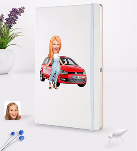 BK Gift Kişiye Özel Plakalı Kadın Volkswagen Polo Karikatürlü Beyaz Termo Deri Defter 16x24cm Model 2