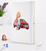 BK Gift Kişiye Özel Plakalı Kadın Volkswagen Polo Karikatürlü Beyaz Termo Deri Defter 16x24cm Model 2