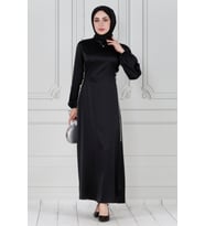 Bağcığı Taş Detaylı Saten Abiye-Siyah