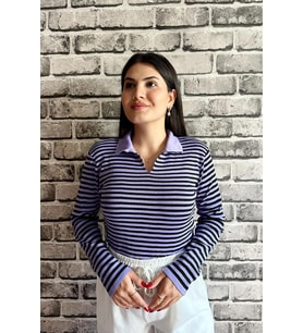 Mor Renk İnce Çizgi Detaylı Polo Yaka Standart Beden Kadın Kazak