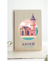 Kayseri Saat Kulesi Şehir Tasarım Ahşap Kapaklı Defter Kraft Kağıt Özel Tasarım (Akçaağaç Rengi )