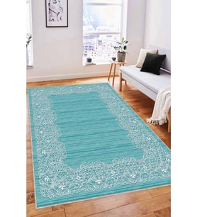 Turkuaz Çerçeveli Kaymaz Tabanlı Dekoratif Halı MK56 - 100 x 160 cm