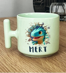 Kişiye Özel 3D Efektli Dinazor Baskılı Hediye Pastel T Kupa İsimli İsim Yazılı (Yeşil)