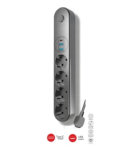 Termal Akım Korumalı USB ve Type-C 2.1A Şarj Çıkışlı 10A 2500W 4'lü Uzatma Grup Priz Siyah 2 M 3402
