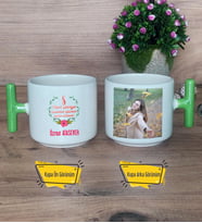 Kadınlar Günü Kupa Bardak Fotoğraflı T Yeşil Kulplu 8 Mart Hediyesi