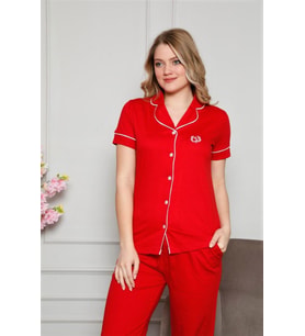 Kadın Kırmızı Gömlek Yaka Beyaz Biye Önden Düğmeli Kısa Kol Pamuk Pijama Takımı
