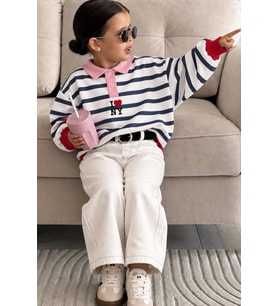 Love Nakışlı Çizgili Unisex Çocuk Sweat - Beyaz - Lacivert