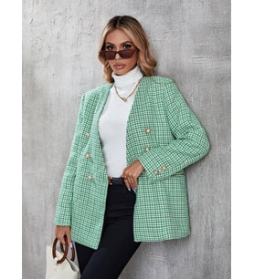 Kadın İçi Astarlı Düğme Detaylı Chanel Kumaş Blazer Ceket (Yeşil)