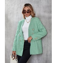 Kadın İçi Astarlı Düğme Detaylı Chanel Kumaş Blazer Ceket (Yeşil)