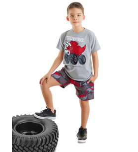 Triceratruck Erkek Çocuk T-shirt  Şort Takım (Gri)