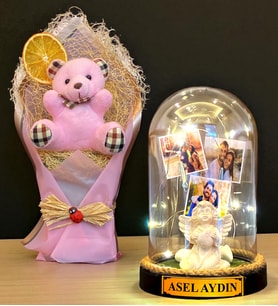 Kişiye Özel İsimli 3 Fotoğraflı Led Işıklı Fanus ve Pembe Peluş Ayıcık Buketi (Model 2)