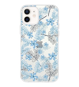 Apple iPhone 12 Uyumlu Kapak Floral Mavi  Tasarımlı Şeffaf Silikon Kılıf