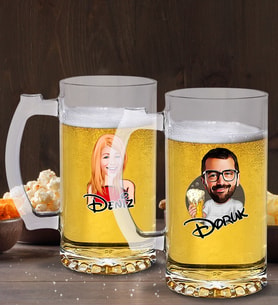 BK Gift Kişiye Özel Erkek ve Kadın Karikatürlü 2’li Cam Bira Bardağı 50cl-3 (Beyaz)