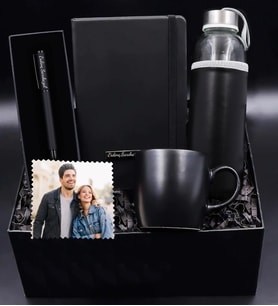 Kişiye Özel Defter & Mat Roller Kalem & Siyah Mat Kupa & Özel Deri Kılıflı 500Ml Su Matarası & Fotoğraf Hediye Seti (Siyah)