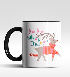 Kişiye Özel Yeni Yılın Kutlu Olsun Geyik Tasarımlı Siyah Kupa (Siyah)