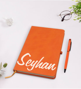 BK Gift Kişiye Özel El Yazılı Turuncu Termo Deri Defter Kalem Seti Model 2