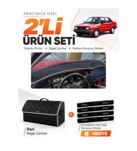 VOLKSWAGEN JETTA (1991-1997) Uyumlu Torpido Örtüsü + Deri Bagaj Çantası + Sticker Seti - Siyah Gri