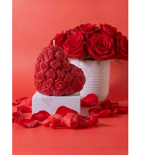 Mumelia Candles Gül Desenli Kalp - Doğal Soya Dekoratif Mum - Kırmızı
