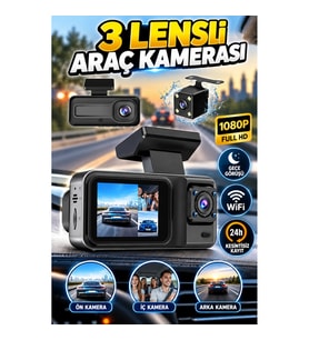 1080P 3 Lensli WiFi Araç İçi Kamera Sistemi – Ekranlı DVR Kaydedici Gece Görüşlü Ön İç Arka Kamera