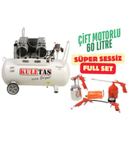 Kuletaş Kompresör Çift Motorlu 60 Litre Süper Sessiz Yağsız - Full Set - 3 Yıl Garanti