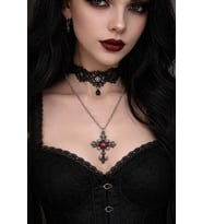 Gotik Kırmızı Detaylı Haç Kolye Gümüş Renk Zincir Unisex