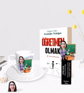 BK Gift Kişiye Özel Kadın Öğretmen Karikatürlü Türk Kahvesi Fincanı Ahşap Kitap Ayracı ve Öğretmen Olmak Kitabı Hediye Seti-1