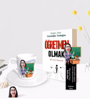 BK Gift Kişiye Özel Kadın Öğretmen Karikatürlü Türk Kahvesi Fincanı Ahşap Kitap Ayracı ve Öğretmen Olmak Kitabı Hediye Seti-1