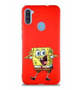 Samsung Galaxy A11 Soft Premier Kapak Sünger Bob Tasarımlı Silikon Kılıf - Kırmızı (Şeffaf)