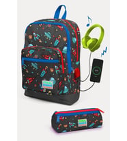 Coral High Kids Koyu Gri Kırmızı Uzay Desenli USB'li 2'li Okul Çanta Seti - Erkek Çocuk