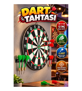 12 İnç Ahşap Dart Tahtası – 4 Metal Uçlu Dart Oklu Set