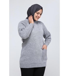Kadın Büyük Beden Kolu Saç Örgülü Cepli Kışlık Triko Tunik 4372 (Gri)