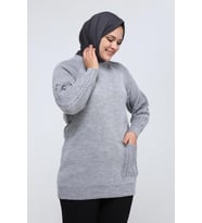 Kadın Büyük Beden Kolu Saç Örgülü Cepli Kışlık Triko Tunik 4372 (Gri)