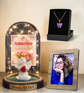 Anneler Günü Hediyesi Size Özel Led Işıklı Melekli Fanus, Fotoğraf ve Kelebek Kolye