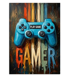 Mavi Oyun Konsolu Gamer Neon Dekoratif Kanvas - Mdf Ahşap Tablo