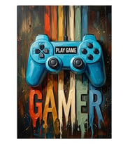 Mavi Oyun Konsolu Gamer Neon Dekoratif Kanvas - Mdf Ahşap Tablo