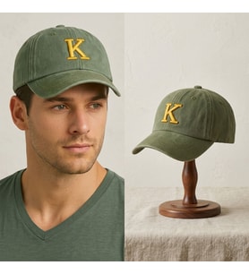 BK Gift Kişiye Özel Harf Nakışlı Vintage Haki Beyzbol Şapkası Unisex Eskitme Kumaş Metal Tokalı