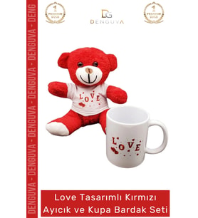 #AyıcıkSeti Love Baskılı Tişörtlü Peluş Porselen Hediye Kırmızı Ayıcık Kupa Bardak Seti