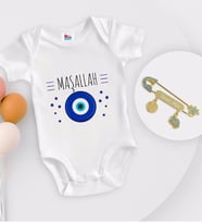 BK Kids Kişiye Özel Maşallah Tasarımlı Beyaz Bebek Body Zıbın ve Erkek Bebek İğnesi Hediye Seti-1